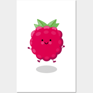 Cute happy jumping red raspberry cartoon illustration Posters and Art
